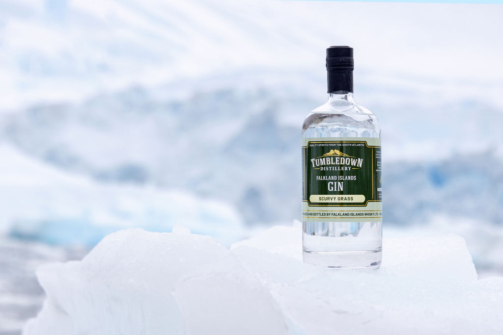 Bottle of Tumblegown Gin on a snowy background