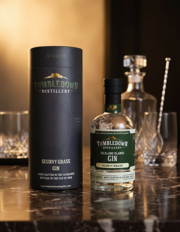 Tumbledown Distillery gin bottle and packaging on a bar counter with glasses.