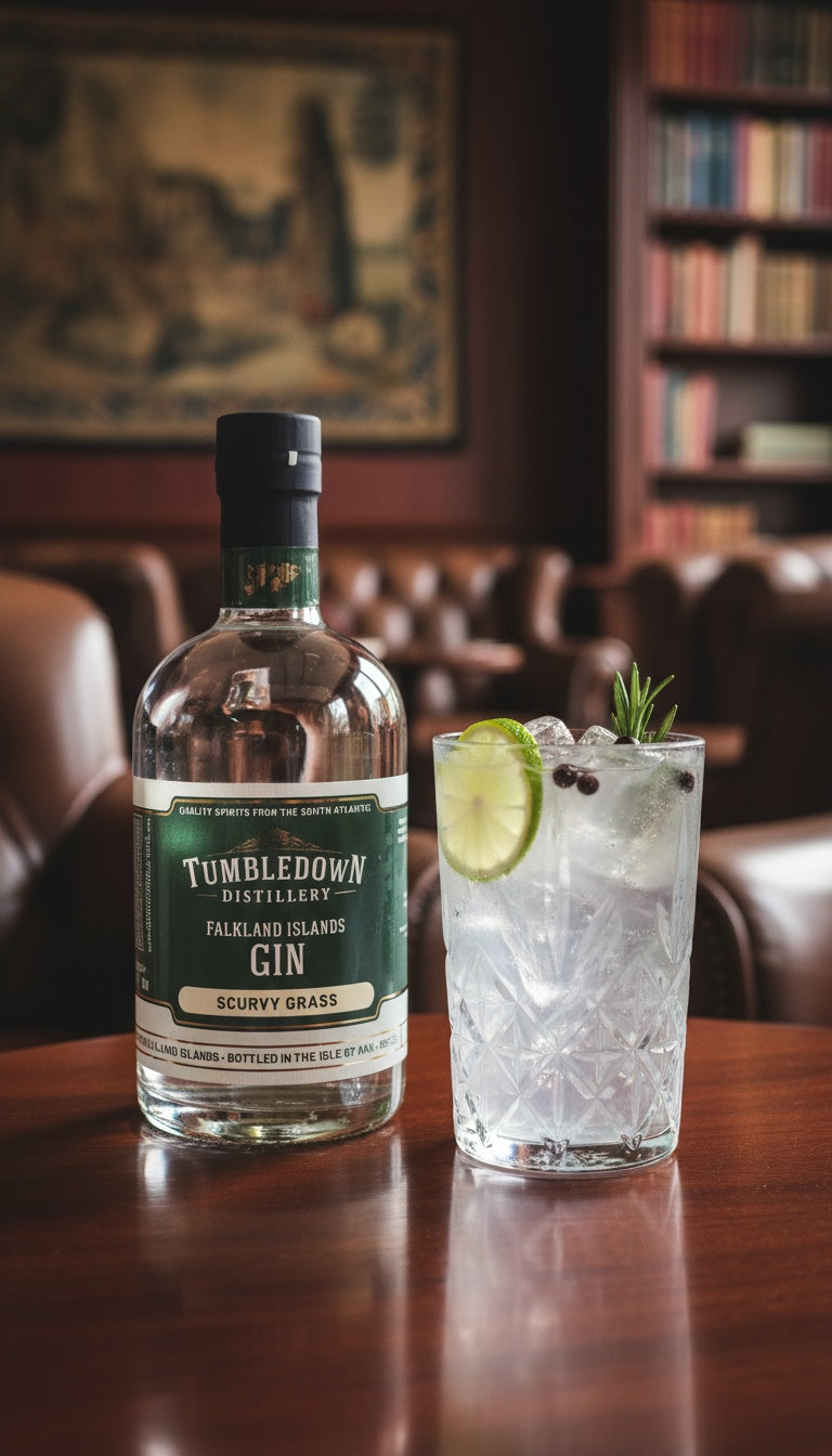 Tumbledown Distillery gin bottle with a cocktail on a wooden table in a bar setting